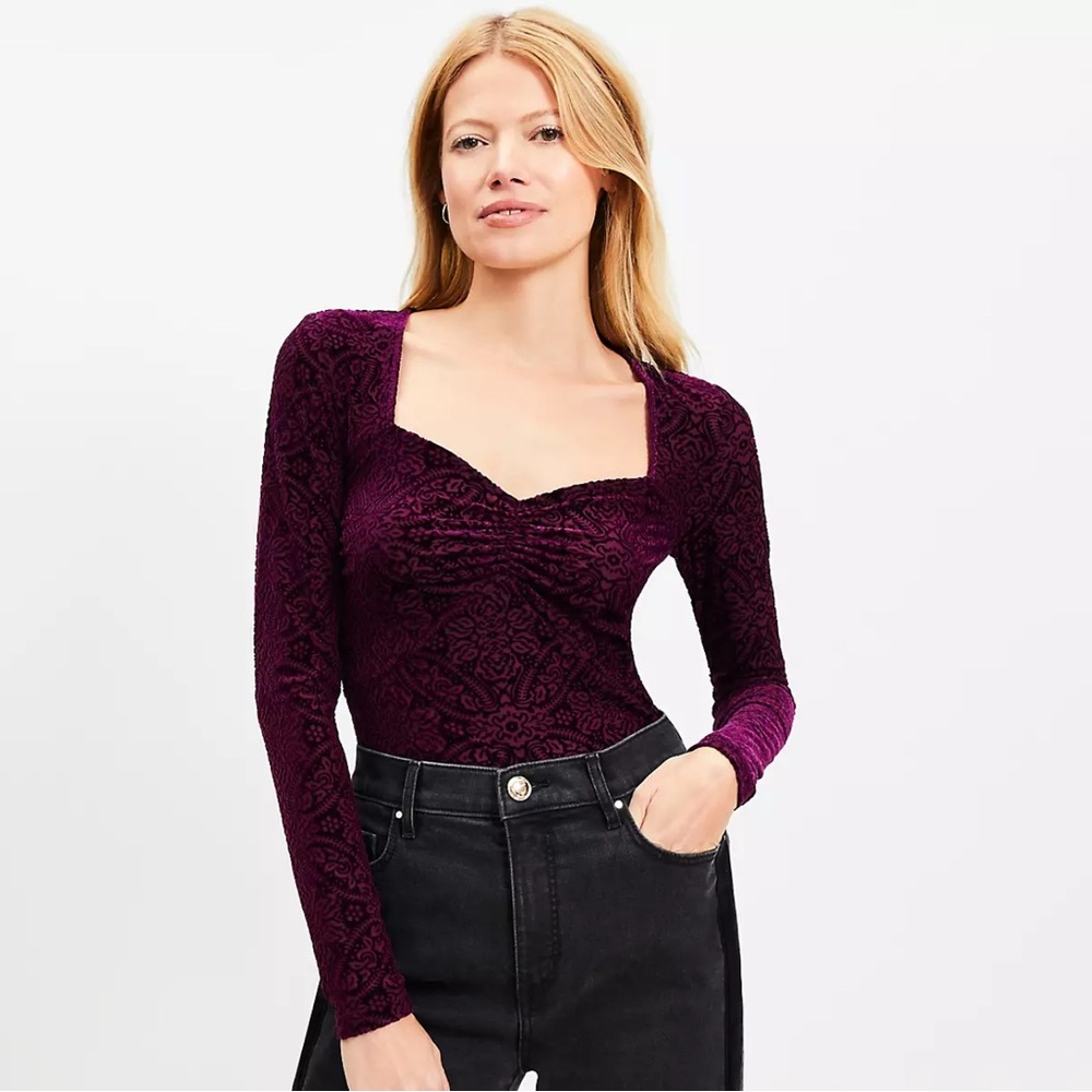Mosaic Shirred Velour Sweetheart Top, dark purple